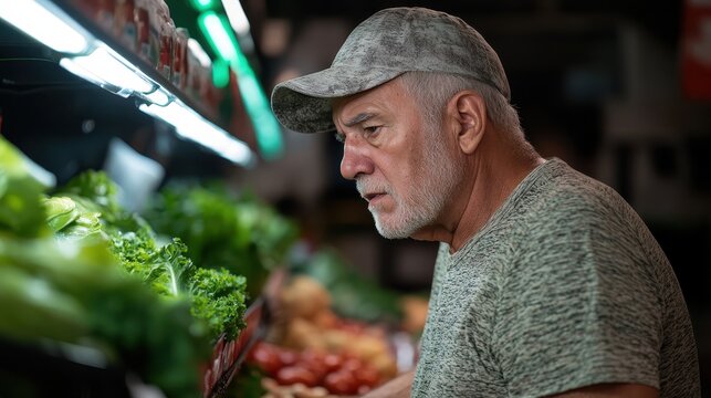 An elderly man carefully selects fresh vegetables at a market stall, showcasing the importance of healthy eating and the joy of shopping for local produce.