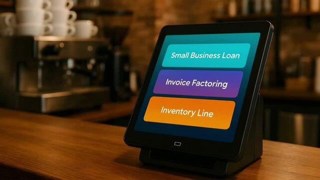 A point-of-sale tablet in a cozy caf&eacute; lists small business loan invoice factoring and inventory line options. Concept of accessible financing and retail growth.