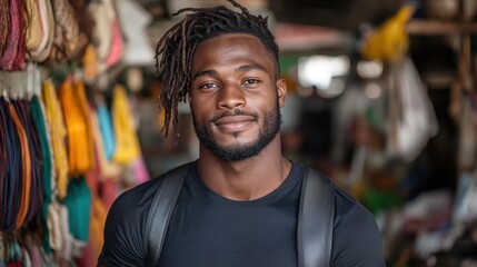 Obraz premium A cheerful young man with dreadlocks smiles warmly in a vibrant market setting filled with colorful textiles, embodying openness, cultural richness, and community spirit.