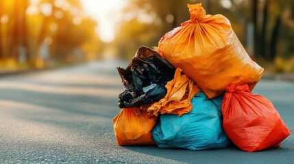 A vibrant yet unsettling image depicting a pile of brightly colored garbage bags left on an empty road, highlighting environmental concerns and waste management issues.