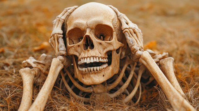 A lifelike skeleton rests among dry grass, presenting a stark reminder of mortality, blending elements of nature and the human body in an intriguing juxtaposition of life and death.