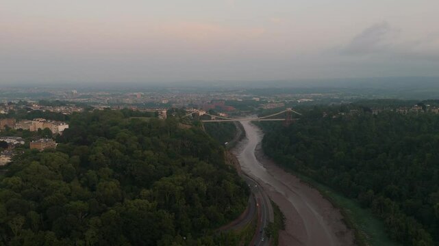 Avon Gorge, Clifton Suspension Bridge and Leigh Woods in Bristol during summer solstice sunset