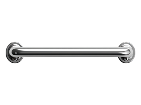 Polished metal grab bar against black background