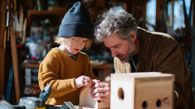Fototapeta Grandparent and child bonding while building a birdhouse in a cozy workshop during sunny afternoon