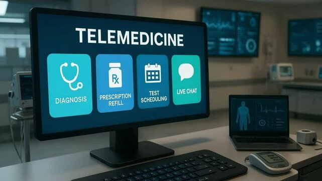 A clinic workstation shows a monitor with telemedicine options for diagnosis prescription refill and test scheduling. Concept of remote healthcare and digital consultation.