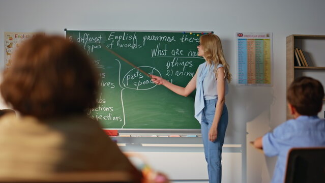 Educator pointing blackboard classroom explaining english to pupils school. 