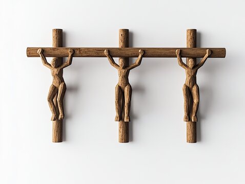 Three wooden figures, nailed to a horizontal wooden beam, against a white background