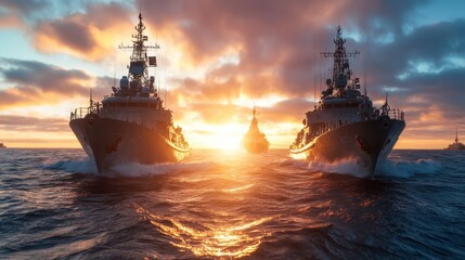 Fototapeta premium Two military ships navigate through a stunning sunset on the ocean, showcasing power and tranquility which represents strength and beauty in nature's embrace.
