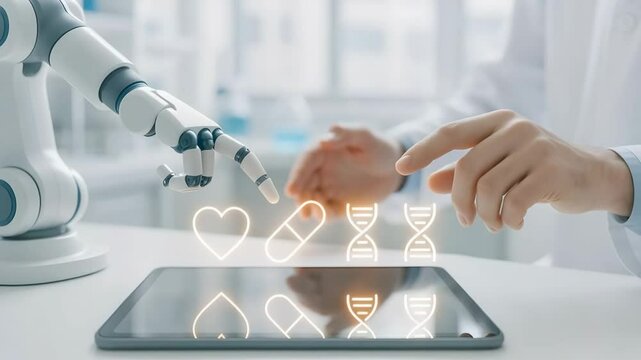 A robotic arm and human finger tap icons above a glossy tablet in bright laboratory light. Concept of collaborative medicine and smart automation.

