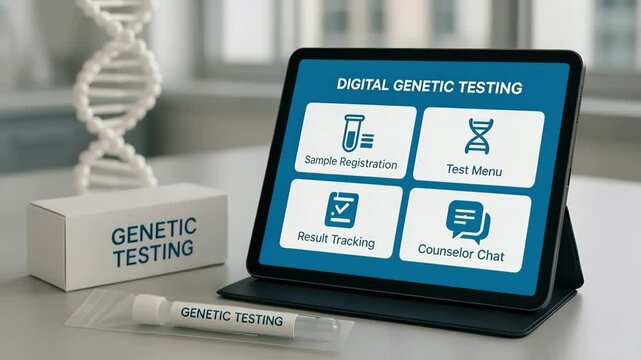 A tablet presents a digital genetic testing dashboard beside a spiral dna model. Concept of personalized medicine and genomic insight.