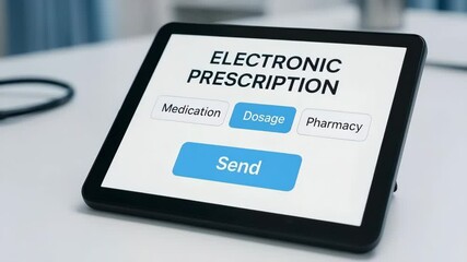 A tablet displays an electronic prescription form with medication dosage and send buttons. Concept of paperless healthcare and efficient pharmacy workflow.