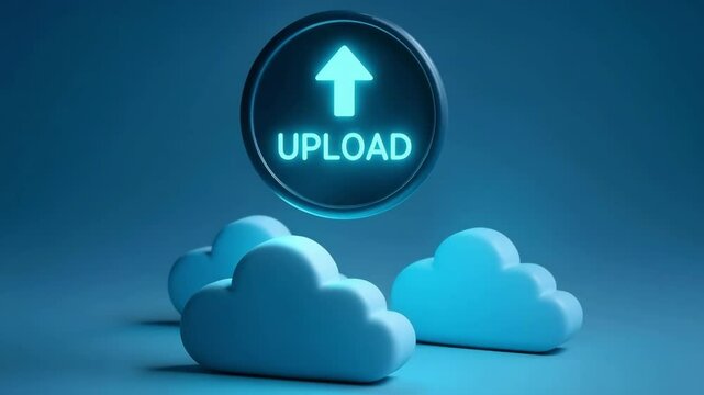 A glowing upload button hovers above soft blue clouds in a minimal studio scene. Concept of secure cloud storage and easy file transfer.