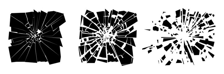 Three unique broken glass textures showcase a range of jagged edges and fragmented shapes against a white background, creating an intriguing visual effect.