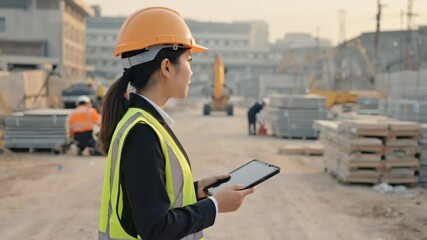 An asian female site engineer checks construction plans on a digital tablet among heavy machinery. Concept of smart construction and onsite management. - Powered by Adobe