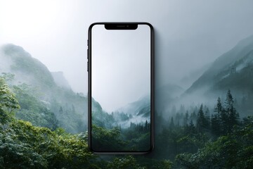 Modern Smartphone Displayed Against a Scenic Misty Mountain Landscape, Merging Technology and Nature, Concept of Digital Innovations, Promotional Tool for Environmental Awareness, Digital Marketing