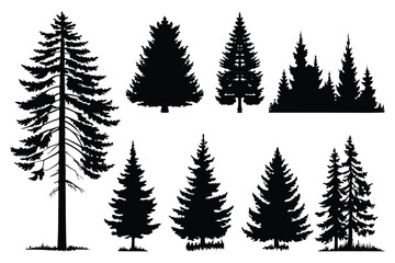 Black pine tree illustrations – natural forest and Christmas tree vector set
