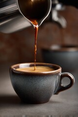 Close-Up View of Freshly Brewed Coffee Being Poured From a Stainless Steel Pot into a Rustic Ceramic Cup on a Minimalistic Surface