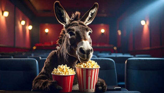A amusing and realistic 3D character of a donkey intently watching a movie in a dimly lit theater with red and black seats, enjoying two buckets of popcorn&mdash;one striped and one solid red