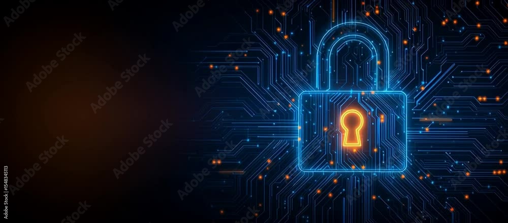 Poster digital background featuring an abstract digital padlock and circuit board, representing cybersecuri
