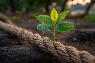 Green Sprout Emerging from Tan Rope in Dark Soil seedling
