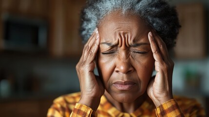 A middle-aged woman experiencing stress and discomfort, gently holding her head in a thoughtful pose at home, visually capturing the emotional struggles that many face in daily life.