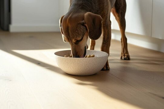 Hund frisst aus Futternapf