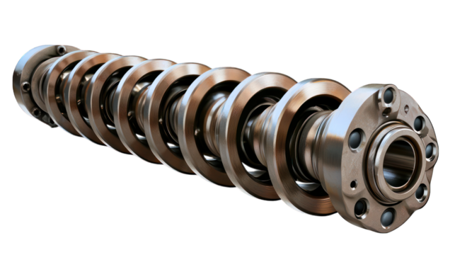 Shiny, metallic crankshaft with multiple flanges