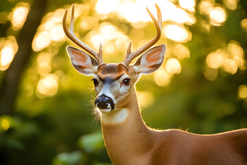 Whitetail Deer in Forest at Golden Hour – Close-Up Wildlife Portrait