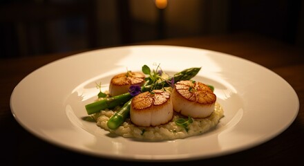 A white plate presents three seared scallops atop risotto, garnished with asparagus spears and microgreens, bathed in warm, soft light