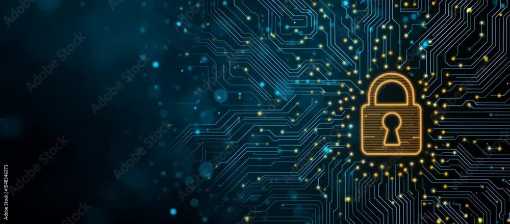 Poster digital background featuring digital security and data protection, circuit board patterns with a pad