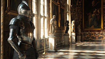 Hyper realistic 3d render Medieval Knight Armor in Historic Palace Hall: A Glimpse into History AI Generative