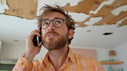 young man with glasses speaking on the phone, looking concerned about ceiling damage in a home interior with peeling paint and wooden features - Powered by Adobe