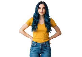 Portrait of a young woman with blue hair wearing a yellow shirt and jeans posing confidently at the camera on transparent background