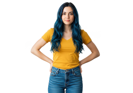 Portrait of a young woman with blue hair wearing a yellow shirt and jeans posing confidently at the camera on transparent background