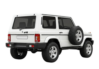 Rear view of a white off road vehicle with spare tire mounted on the side and large tires shown on transparent background