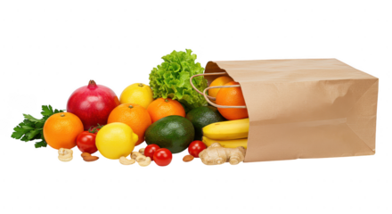 Assorted fruits and vegetables spilling out of a brown paper grocery bag on a plain surface on transparent background