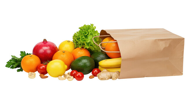 Assorted fruits and vegetables spilling out of a brown paper grocery bag on a plain surface on transparent background