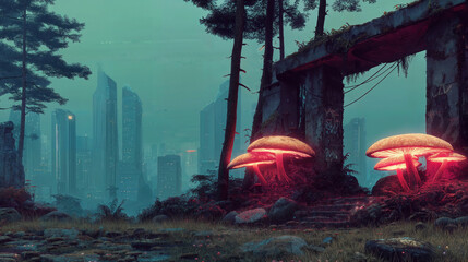 Glowing Bioluminescent Mushrooms Among Ruins Facing Futuristic City