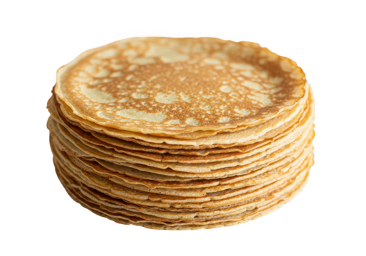 A tall stack of thin pancakes or crepes on a dark surface ready to be served for breakfast treat on transparent background