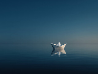Minimal White Paper Boat Floating on Calm Water at Dusk – Peaceful Solitude, Imagination, and Conceptual Travel Scene