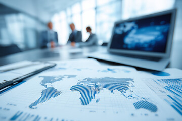 Business meeting with financial planning documents, global map on screen.