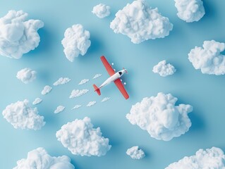 Minimalist Red Plane Flying Through Puffy Clouds. Travel Concept.
