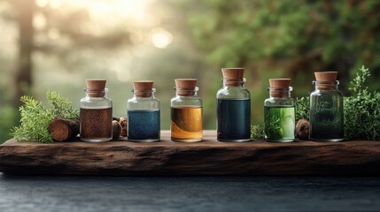 An artistic display of assorted glass bottles filled with colorful liquids, set against a serene natural backdrop that evokes feelings of tranquility and creativity.