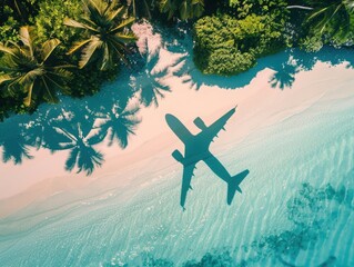 Airplane Shadow Over Tropical Beach and Crystal Water