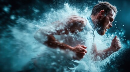An intense photograph of a determined athlete sprinting through splashes of water, symbolizing strength and resilience, capturing the excitement of action and physical performance.