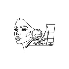 Line art vector illustration showing a woman's face with skincare elements, including a magnifying glass examining skin layers, hair follicles, and a cosmetic cream tube. Dermatology.