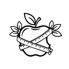 Minimal line art illustration of an apple wrapped with a measuring tape. Symbol of healthy eating, weight loss, nutrition, diet planning, and wellness. Simple outline design for health, dietitian.