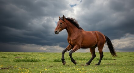 A beautiful brown horse running freely across a vibrant green pasture under a dramatic, stormy sky.