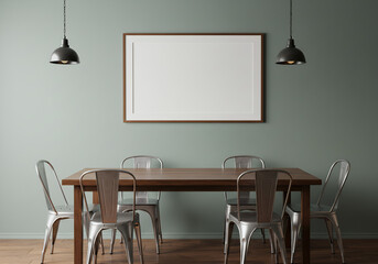 Wooden table and steels chair in dining room of cafe or family restaurant with blank white frame on wall. Shop Interior, 3D Rendering, 3D Illustration.