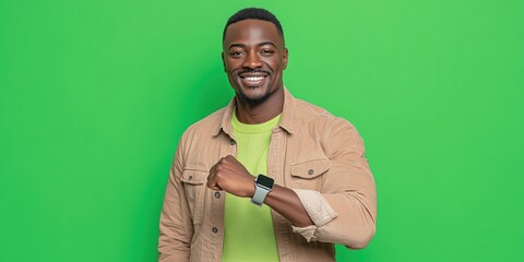 Confident Young Man with Wearable Tech and Bright Clothing Smiling on Green Wall